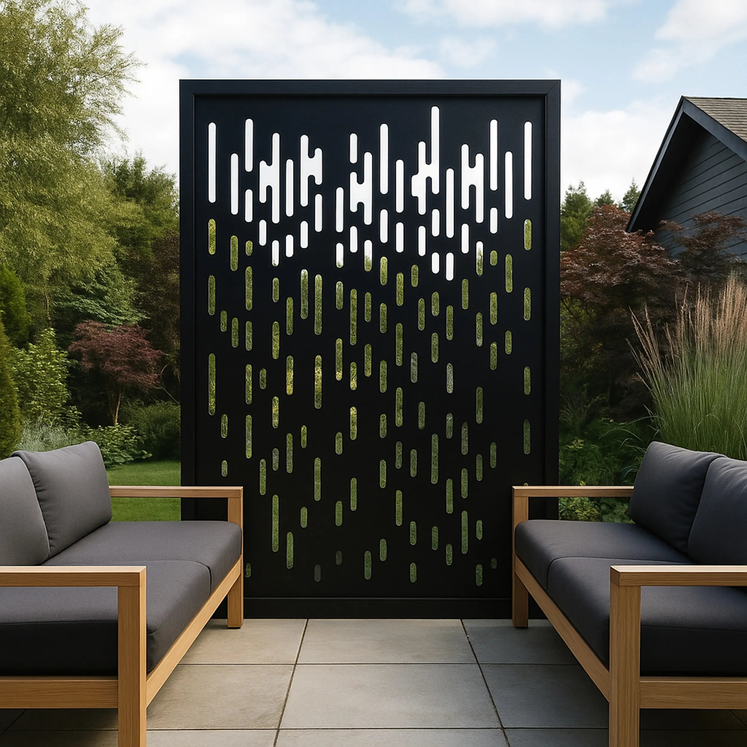 Decorative screen with geometric pattern in a garden setting with outdoor furniture.